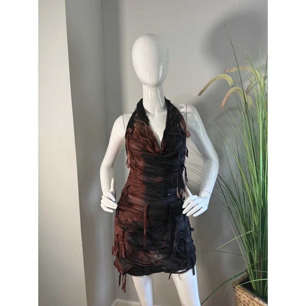 Micas Edgy Sheer Distressed Halter Mini Dress Backless Sexy Brown Black Mesh M‎